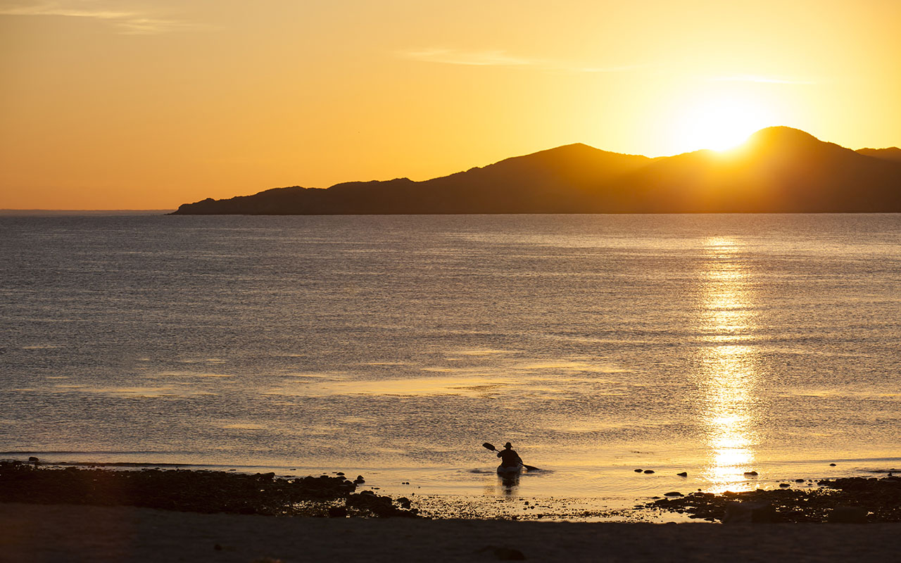 A person kayaking in the sea at sunset