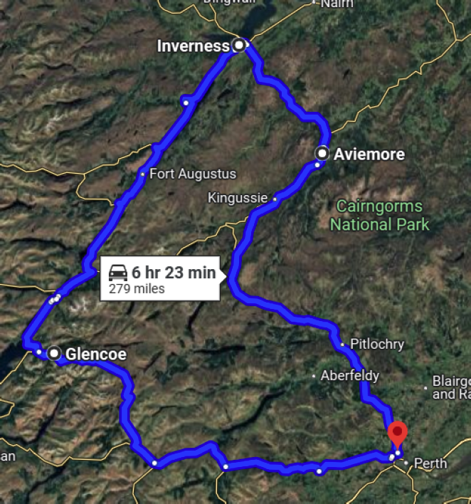 The road map outlining the route for the Heart of the Highlands road trip package by Nomadic Scotland