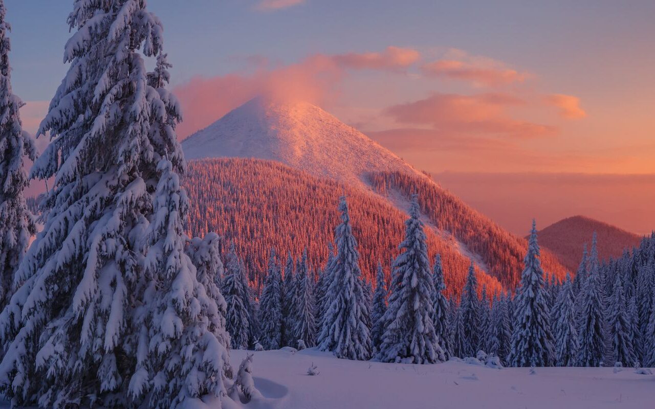A Highland sunset in the snowy Scottish wilds in Winter.