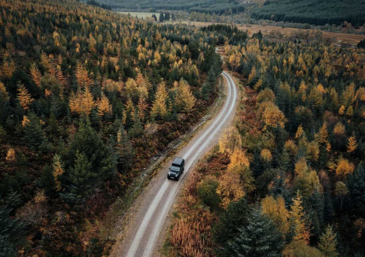 Aerial view of a Land Rover Defender on a forest track