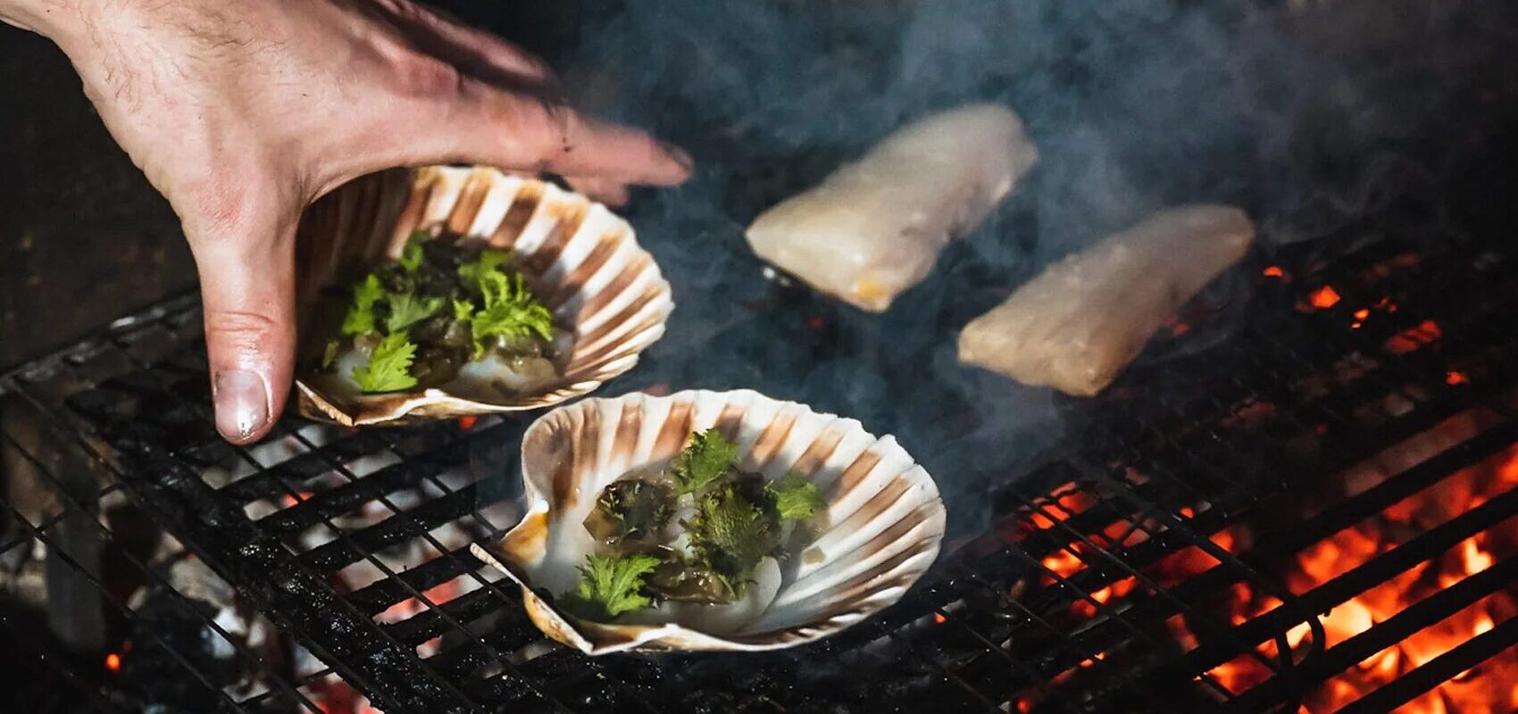 Food cooked over an open fire at Inverlonan on Loch Nell