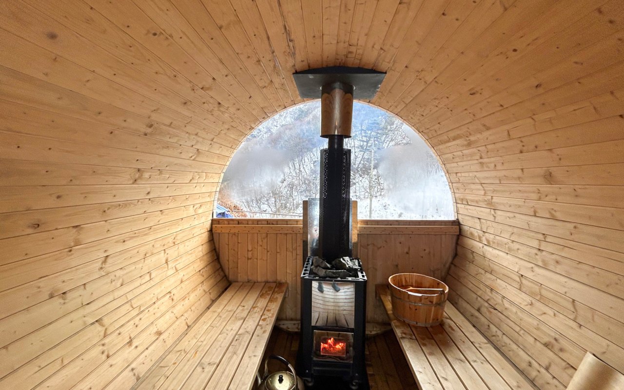 Interior of a wood fired sauna in a log cabin